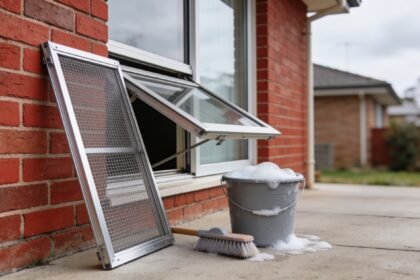 A flyscreen lifted out and leaning against a brick wall beside an open window, with a bucket and brush on the paving.