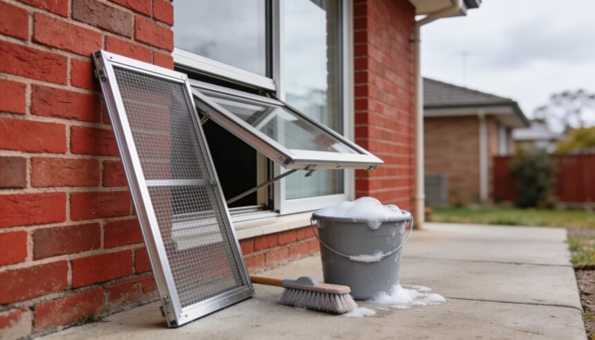 A flyscreen lifted out and leaning against a brick wall beside an open window, with a bucket and brush on the paving.