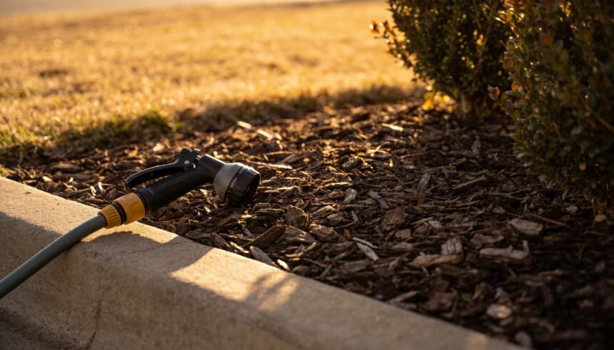 A mulched garden bed with a trigger-nozzle hose resting on the edge, dry lawn behind in evening light.