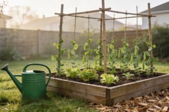 A small raised vegetable bed with lettuce seedlings and climbing peas, a watering can on the grass beside it.