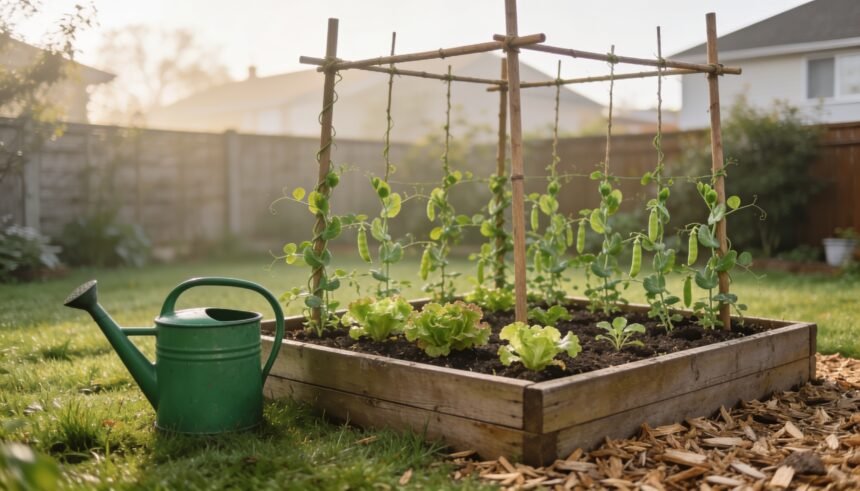 A small raised vegetable bed with lettuce seedlings and climbing peas, a watering can on the grass beside it.