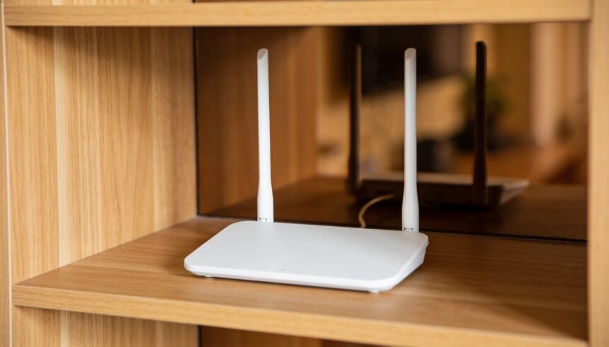 A plain white wireless router standing in the open on a timber shelf, clear of surrounding objects.