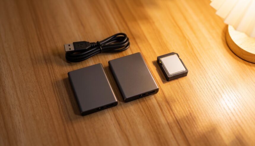 Two small external hard drives, a coiled USB cable and a stack of memory cards on a timber desk.