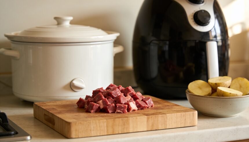 A slow cooker and an air fryer side by side on a bench with diced beef and halved potatoes between them.