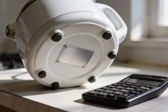 The underside of a kitchen appliance showing its blank rating plate, beside a calculator on a bench.
