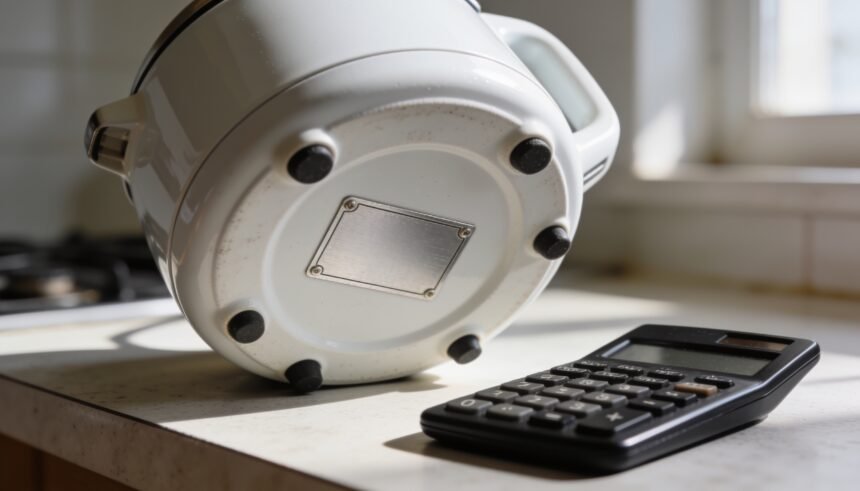 The underside of a kitchen appliance showing its blank rating plate, beside a calculator on a bench.
