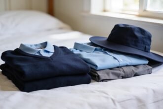 A folded stack of plain school uniform on a bed with a wide brim hat resting on top.