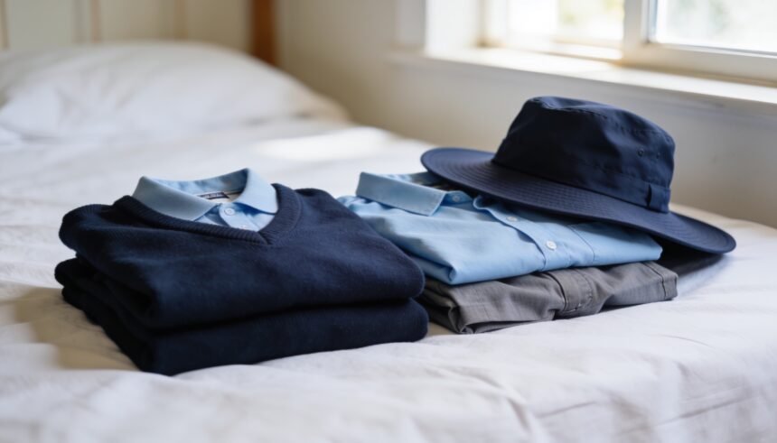 A folded stack of plain school uniform on a bed with a wide brim hat resting on top.