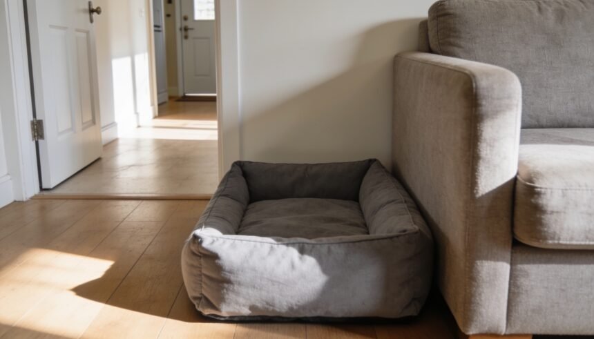 An empty grey dog bed in the corner of a lounge room beside a couch, with a view through to the hallway.