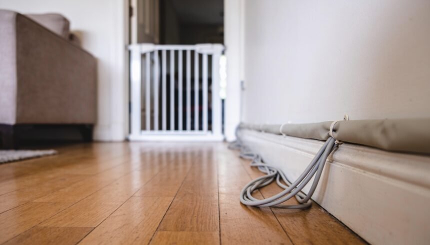 A low view along a lounge room floor towards a baby gate fitted across a doorway, with cables routed along the skirting.