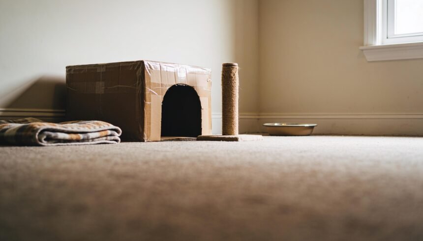 A quiet room corner set up for a kitten with a cardboard hideaway box, a small scratching post, a blanket and a water bowl.