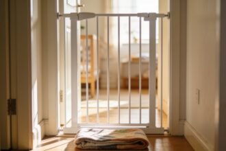 A baby gate fitted across an interior doorway with a lit room beyond and a folded blanket on the floor in front of it.