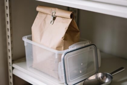 A rolled and clipped pet food bag standing inside an open airtight container on a pantry shelf, with a scoop beside it.
