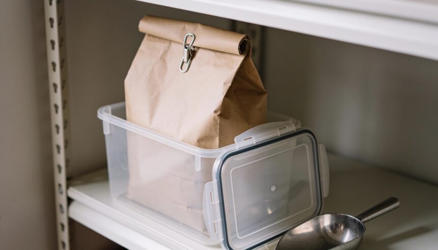 A rolled and clipped pet food bag standing inside an open airtight container on a pantry shelf, with a scoop beside it.