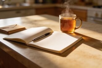 A blank ruled notebook open on a kitchen table with a pen, a mug of tea and a stack of face-down envelopes.