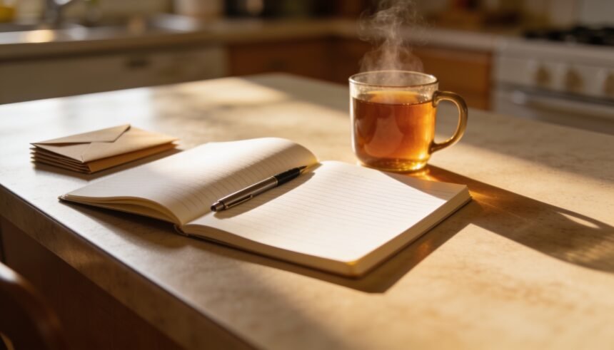 A blank ruled notebook open on a kitchen table with a pen, a mug of tea and a stack of face-down envelopes.