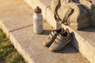 Worn child-sized football boots on a concrete step beside a canvas sports bag and a scuffed drink bottle, with a strip of grass alongside.