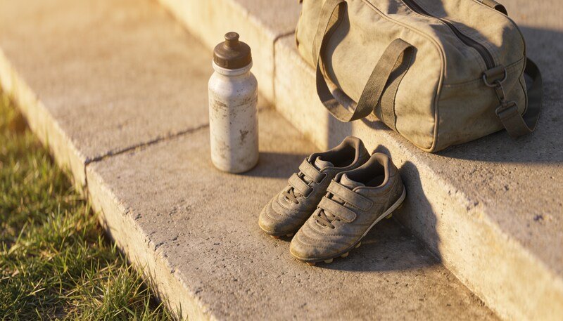 Worn child-sized football boots on a concrete step beside a canvas sports bag and a scuffed drink bottle, with a strip of grass alongside.
