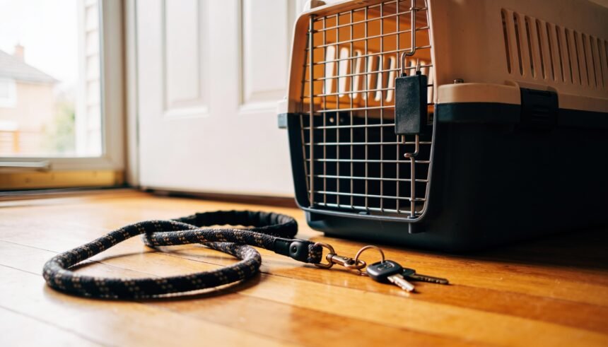 A dog lead, a cat carrier and a set of keys on the floorboards just inside the front door of a rented house.