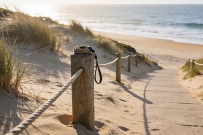 An empty coastal path at the top of a sand dune at dawn with a rope fence and a dog lead coiled on a bollard.