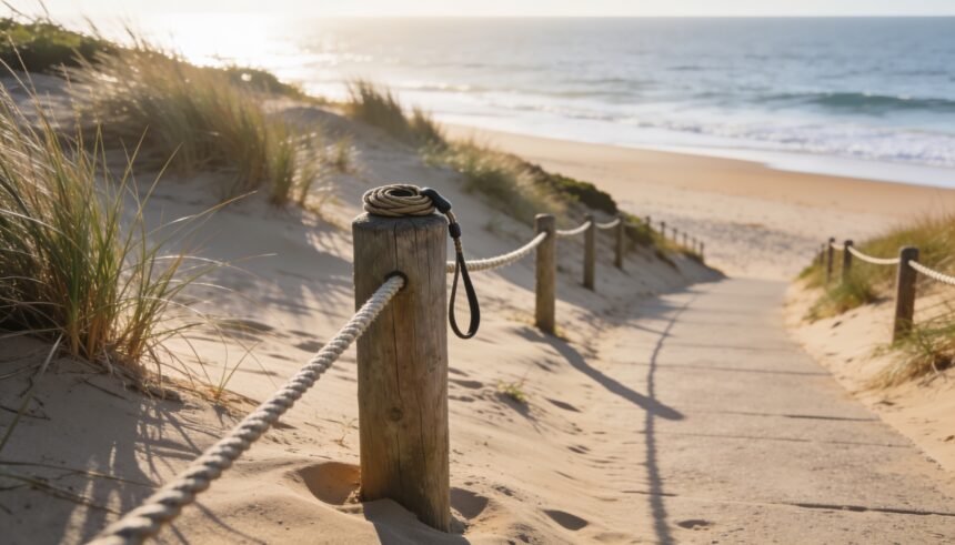 An empty coastal path at the top of a sand dune at dawn with a rope fence and a dog lead coiled on a bollard.