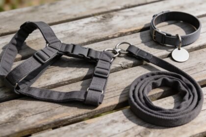 A dark grey dog harness laid out flat and unbuckled on timber decking beside a coiled lead and a collar with a blank tag.
