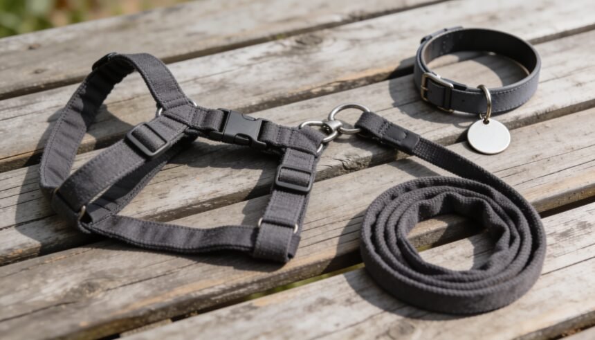 A dark grey dog harness laid out flat and unbuckled on timber decking beside a coiled lead and a collar with a blank tag.