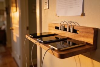 Three phones charging on a wall-mounted hallway shelf with cables running into a slot behind and a blank sheet pinned above.
