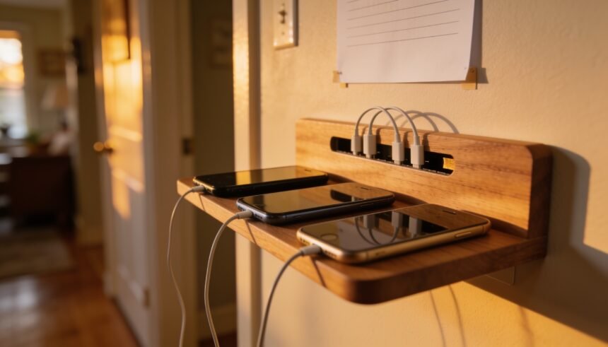 Three phones charging on a wall-mounted hallway shelf with cables running into a slot behind and a blank sheet pinned above.