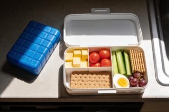 An open compartment lunchbox filled with cheese, tomatoes, cucumber, crackers, egg and grapes, with a freezer brick beside it.