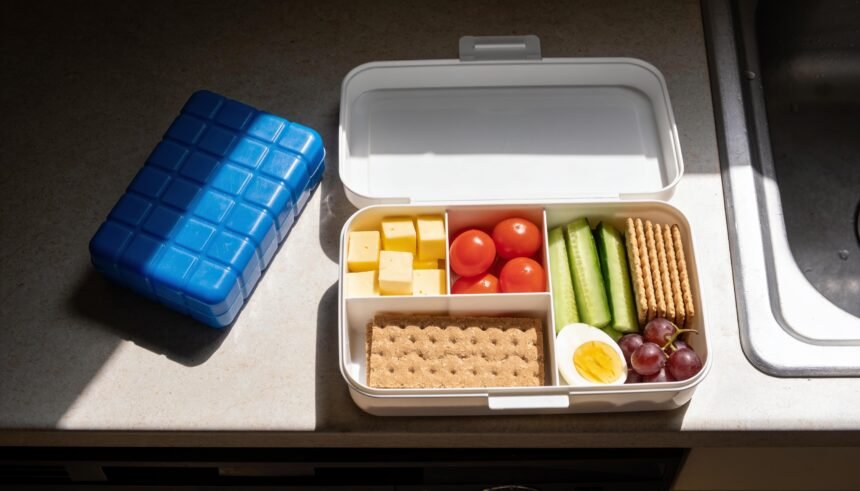 An open compartment lunchbox filled with cheese, tomatoes, cucumber, crackers, egg and grapes, with a freezer brick beside it.
