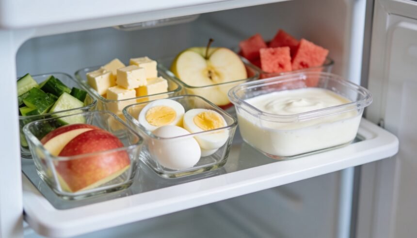 A fridge shelf at child height stocked with clear glass containers of cut vegetables, cheese, boiled eggs, fruit and yoghurt.