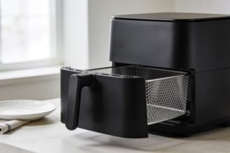 A black benchtop air fryer on a kitchen bench with its drawer pulled open showing an empty wire crisping basket.