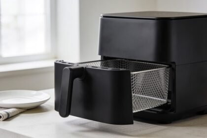 A black benchtop air fryer on a kitchen bench with its drawer pulled open showing an empty wire crisping basket.