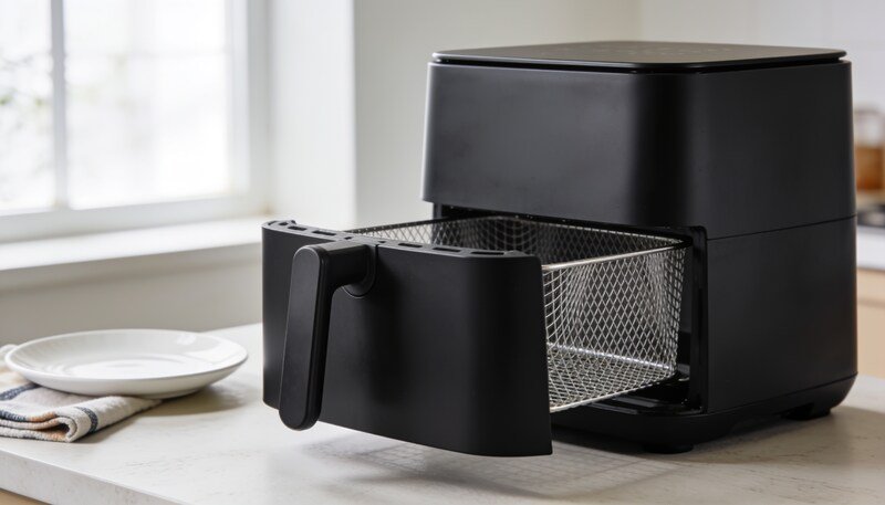 A black benchtop air fryer on a kitchen bench with its drawer pulled open showing an empty wire crisping basket.