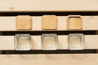 Three plain bamboo container lids laid flat in a row above three empty square glass container bases on a timber bench, seen from directly above.
