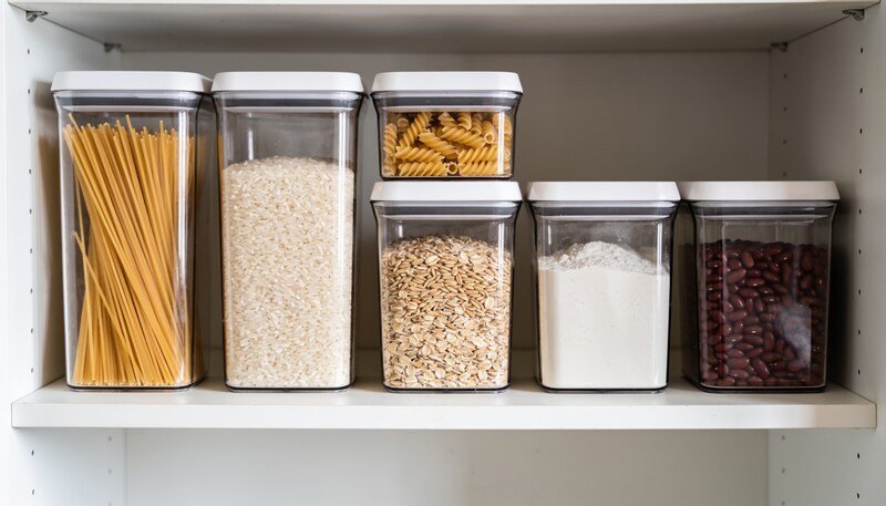 Six clear square pantry containers of different heights on a white shelf, filled with pasta, rice, oats, flour and dried beans.