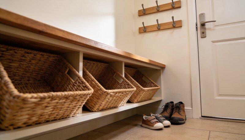 A low storage bench inside a back door with three open baskets underneath, hooks at two heights above, and adult and child shoes on the floor.