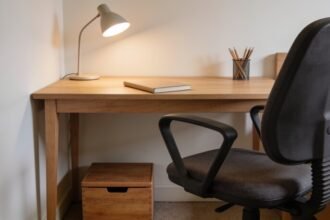 A timber desk with an adjustable chair pulled up to it and a wooden footrest box underneath, with a closed notebook, pencil cup and lit task lamp on top.