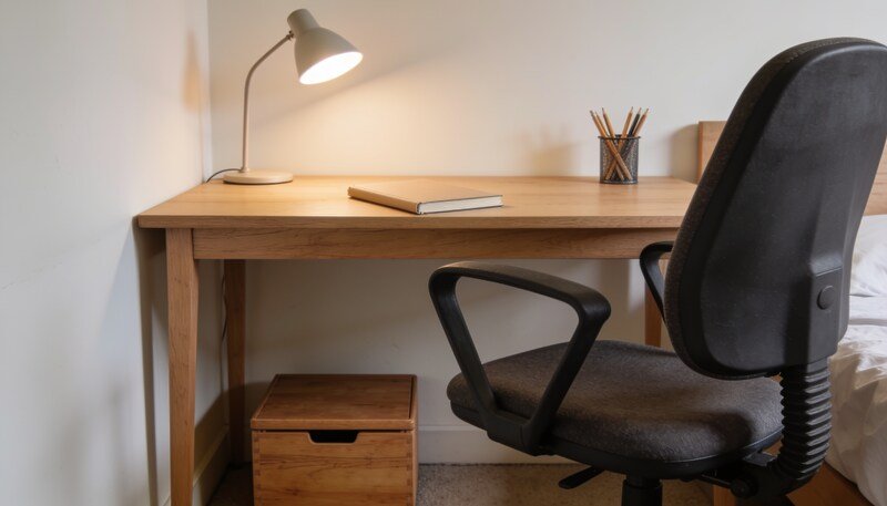 A timber desk with an adjustable chair pulled up to it and a wooden footrest box underneath, with a closed notebook, pencil cup and lit task lamp on top.