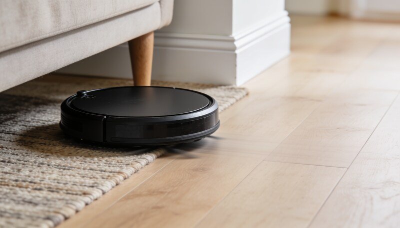 A round black robot vacuum on timber floorboards passing the edge of a flat-weave rug beside a sofa leg.