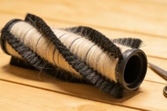 A vacuum brush roll removed from the machine and lying on timber floorboards with pale dog hair wound tightly around it, beside a pair of scissors.