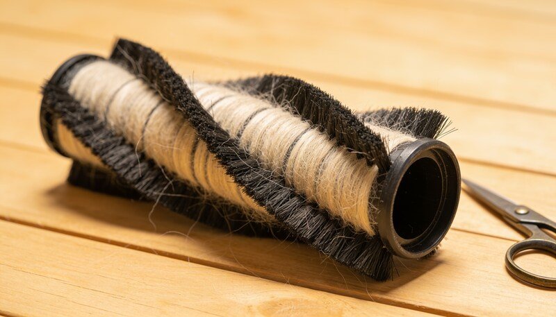 A vacuum brush roll removed from the machine and lying on timber floorboards with pale dog hair wound tightly around it, beside a pair of scissors.