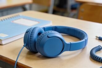 Blue child-sized over-ear headphones resting on a school desk beside a closed exercise book and a coiled audio cable.
