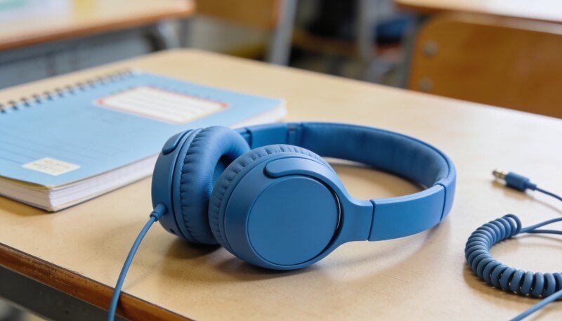 Blue child-sized over-ear headphones resting on a school desk beside a closed exercise book and a coiled audio cable.