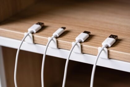 Four short white charging cables clipped into individual holders along the front edge of a timber shelf, with their loose ends hanging down.
