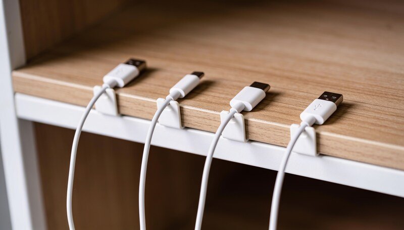 Four short white charging cables clipped into individual holders along the front edge of a timber shelf, with their loose ends hanging down.