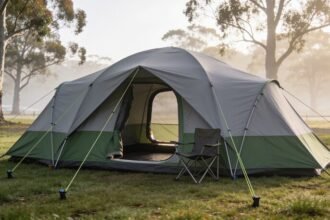 A large grey and green family dome tent pitched on grass with guy ropes pegged out taut and a folding camp chair standing in the open doorway.
