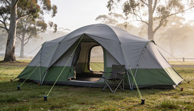 A large grey and green family dome tent pitched on grass with guy ropes pegged out taut and a folding camp chair standing in the open doorway.
