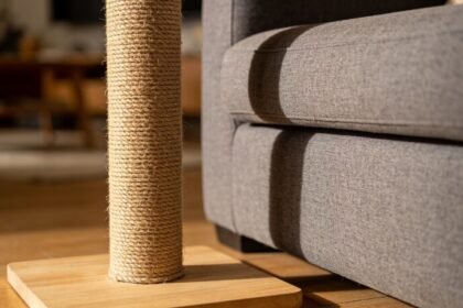 A tall sisal-wrapped scratching post on a wide timber base standing on floorboards directly beside a grey fabric couch.